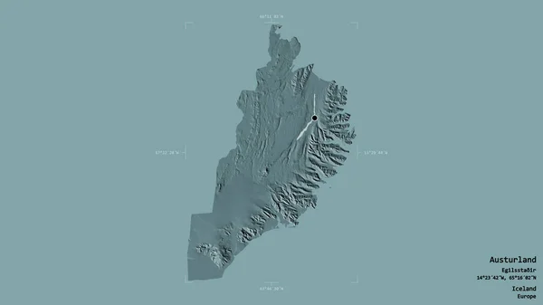 冰岛奥斯特兰地区的一个区域 在一个地理参考方块中 在坚实的背景下被隔离 彩色高程图 3D渲染 — 图库照片