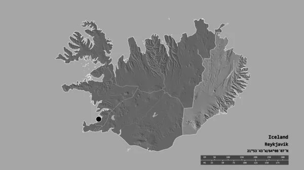 主要な地域部門と分離されたオーストラリア地域とアイスランドの荒廃した形 ラベル 標高マップ 3Dレンダリング — ストック写真