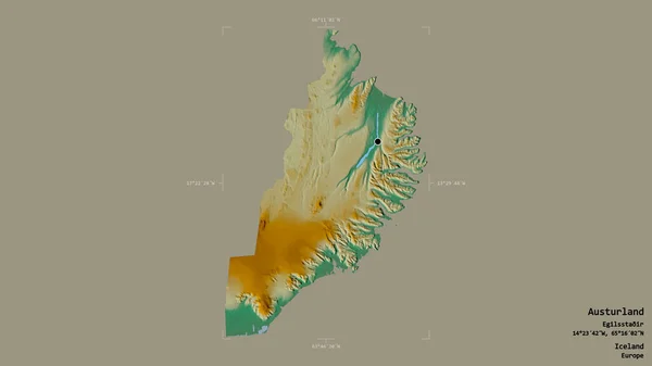 冰岛奥斯特兰地区的一个区域 在一个地理参考方块中 在坚实的背景下被隔离 地形浮雕图 3D渲染 — 图库照片