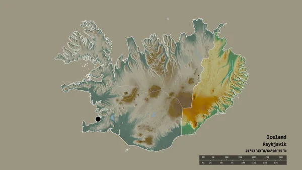 主要な地域部門と分離されたオーストラリア地域とアイスランドの荒廃した形 ラベル 地形図 3Dレンダリング — ストック写真