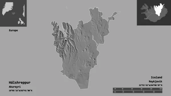 冰岛地区Halshreppur的形状及其首都 距离刻度 预览和标签 Bilevel高程图 3D渲染 — 图库照片