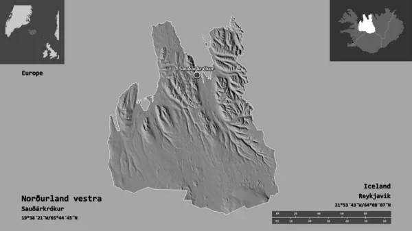 Shape of Norurland vestra, region of Iceland, and its capital. Distance scale, previews and labels. Bilevel elevation map. 3D rendering