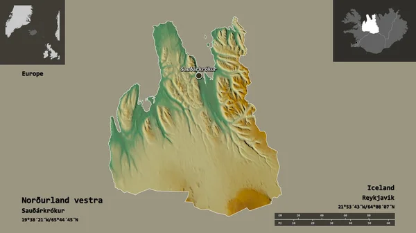 ノルルランド ヴェストラの形 アイスランドの地域 そしてその首都 距離スケール プレビューおよびラベル 地形図 3Dレンダリング — ストック写真