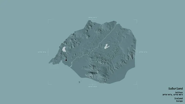冰岛苏兰地区的一个地区 在一个地理参考方块中 在坚实的背景下被隔离 彩色高程图 3D渲染 — 图库照片