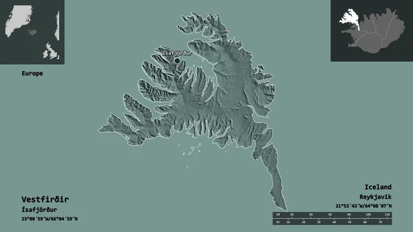 ヴェストファーレンの形 アイスランドの地域 そしてその首都 距離スケール プレビューおよびラベル 色の標高マップ 3Dレンダリング — ストック写真