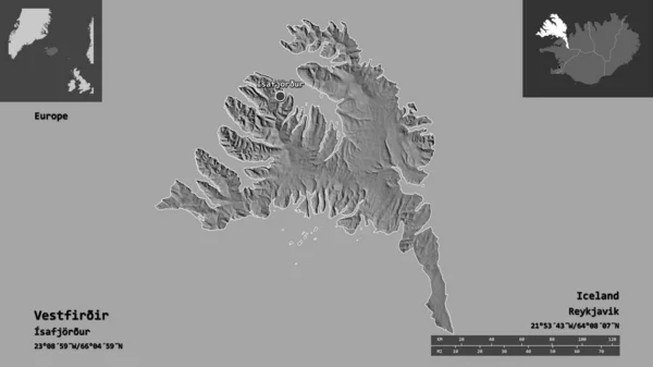 Vestfirir的形状 冰岛地区 及其首都 距离刻度 预览和标签 Bilevel高程图 3D渲染 — 图库照片