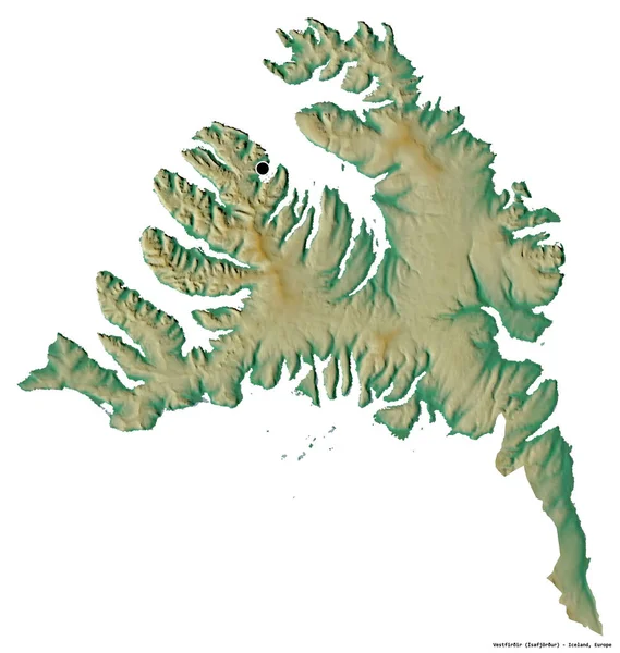 アイスランドの領域であるヴェストファーレンの形で その首都は白い背景に孤立しています 地形図 3Dレンダリング — ストック写真