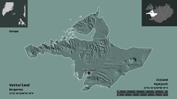 ヴェスターランドの形状 アイスランドの地域 およびその首都 距離スケール プレビューおよびラベル 色の標高マップ 3Dレンダリング — ストック写真