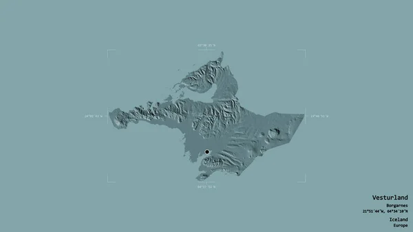 冰岛Vesturland地区 在一个地理参考方块中 在坚实的背景下被隔离 彩色高程图 3D渲染 — 图库照片