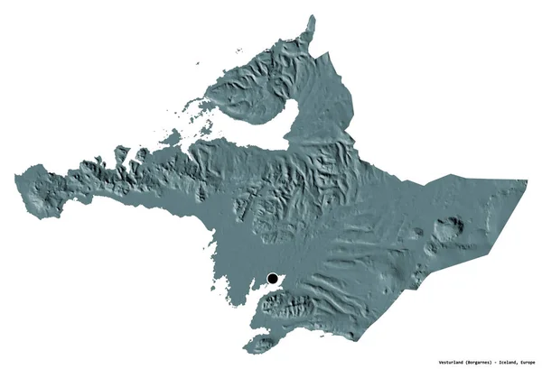 冰岛Vesturland的形状 其首都被白色背景隔离 彩色高程图 3D渲染 — 图库照片
