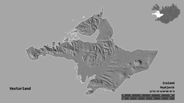 冰岛Vesturland的形状 其首都在坚实的背景下与世隔绝 距离尺度 区域预览和标签 Bilevel高程图 3D渲染 — 图库照片
