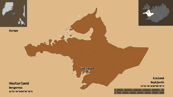 Forme Vesturland Région Islande Capitale Échelle Distance Aperçus Étiquettes Composition — Photo