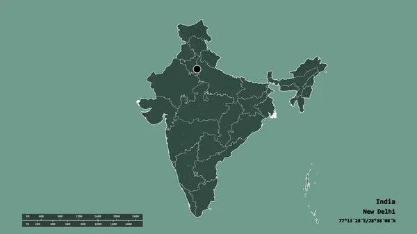 Desaturated Σχήμα Της Ινδίας Πρωτεύουσα Της Κύρια Περιφερειακή Διαίρεση Και — Φωτογραφία Αρχείου