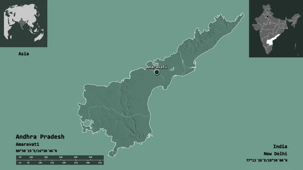 安得拉邦的形状 印度的邦 及其首都 距离刻度 预览和标签 彩色高程图 3D渲染 — 图库照片