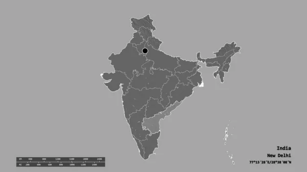 Desaturerad Form Indien Med Dess Huvudstad Huvudsakliga Regionala Indelning Och — Stockfoto