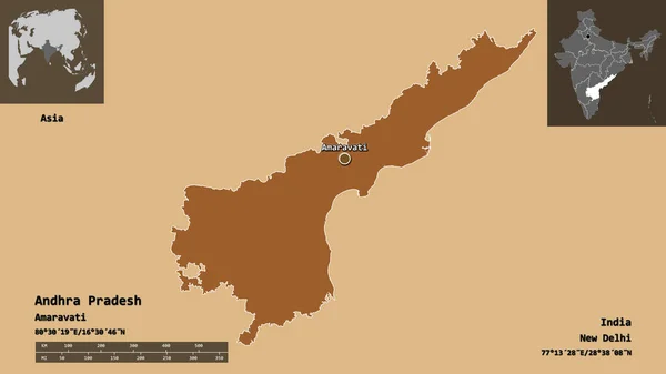 安得拉邦的形状 印度的邦 及其首都 距离刻度 预览和标签 图形纹理的组成 3D渲染 — 图库照片