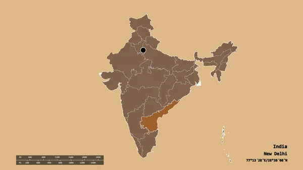 主要な地域部門と分離されたアンドラ プラデーシュ州地域とインドの荒廃した形 ラベル パターン化されたテクスチャの構成 3Dレンダリング — ストック写真