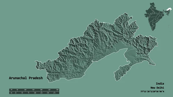 インドの州であるアルナチャル プラデーシュ州の形は その資本がしっかりとした背景に隔離されています 距離スケール リージョンプレビュー およびラベル 色の標高マップ 3Dレンダリング — ストック写真