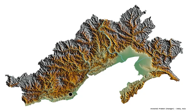 阿鲁纳恰尔邦的形状 印度邦 其首都被白色背景隔离 地形浮雕图 3D渲染 — 图库照片