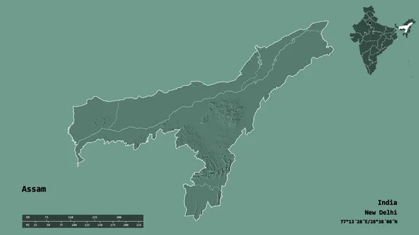 阿萨姆邦的形状 印度的邦 其首都孤立的坚实的背景 距离尺度 区域预览和标签 彩色高程图 3D渲染 — 图库照片