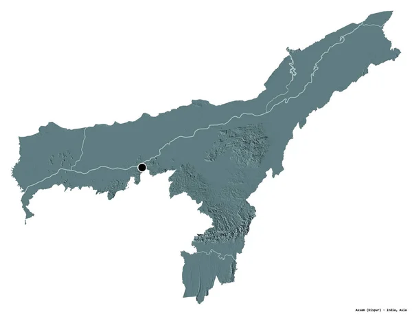 印度阿萨姆邦的形状 其首都被白色背景隔离 彩色高程图 3D渲染 — 图库照片