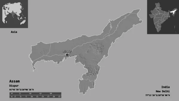 Shape Assam Bundesstaat Indien Und Seine Hauptstadt Entfernungsskala Vorschau Und — Stockfoto