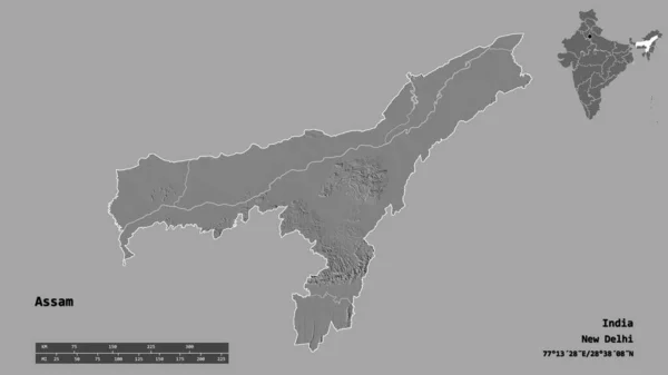 阿萨姆邦的形状 印度的邦 其首都孤立的坚实的背景 距离尺度 区域预览和标签 Bilevel高程图 3D渲染 — 图库照片