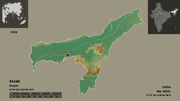 阿萨姆邦的形状 印度的邦 及其首都 距离刻度 预览和标签 地形浮雕图 3D渲染 — 图库照片