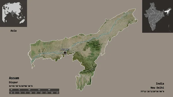 Formen Til Assam Staten India Hovedstaden Avstandsskala Forhåndsvisninger Etiketter Satellittbilder – stockfoto