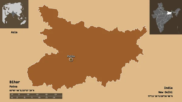 ビハール州 インドの州 首都の形 距離スケール プレビューおよびラベル パターン化されたテクスチャの構成 3Dレンダリング — ストック写真