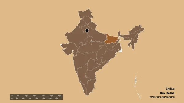 India Kiszáradt Alakja Fővárosával Regionális Körzetével Szétválasztott Bihar Területtel Címkék — Stock Fotó