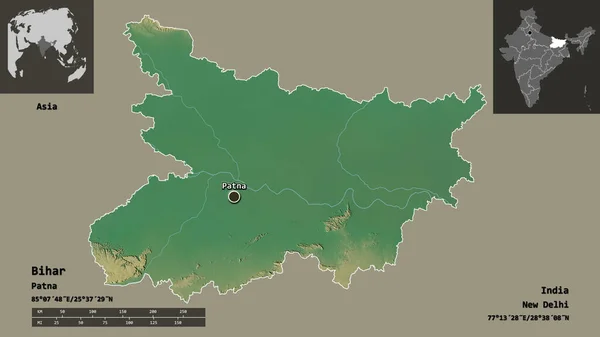 Shape of Bihar, state of India, and its capital. Distance scale, previews and labels. Topographic relief map. 3D rendering