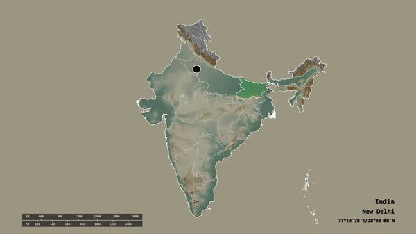 Desaturated Shape India Its Capital Main Regional Division Separated Bihar — Stock Photo, Image