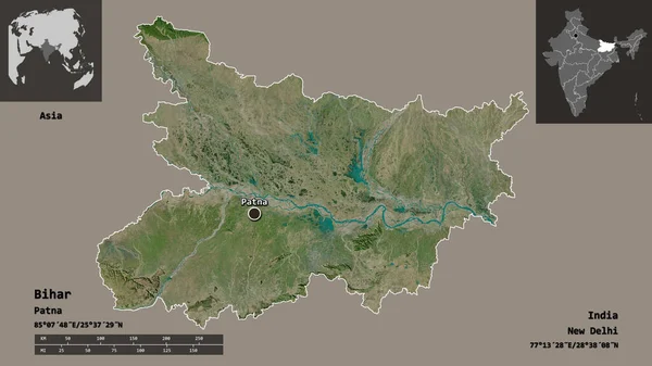 Shape Bihar Bundesstaat Von Indien Und Seine Hauptstadt Entfernungsskala Vorschau — Stockfoto