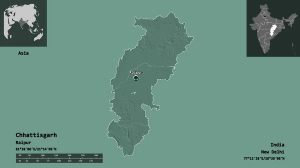 Tvar Chhattisgarh Státu Indie Jeho Hlavního Města Měřítko Vzdálenosti Náhledy — Stock fotografie