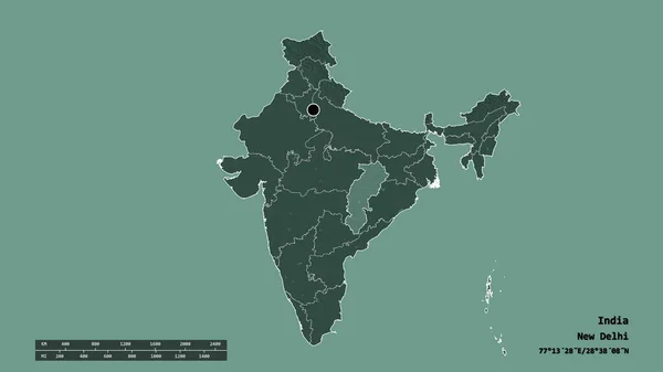 以首都 主要区域分部和分离的恰蒂斯加尔邦地区为首都的印度的专制形态 彩色高程图 3D渲染 — 图库照片