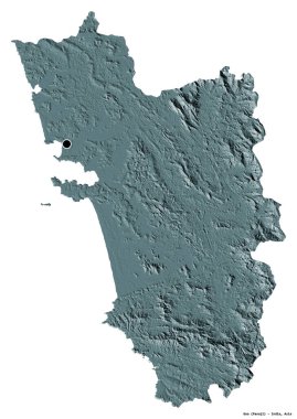 Goa 'nın şekli, Hindistan eyaleti, başkenti beyaz arka planda izole edilmiş. Renkli yükseklik haritası. 3B görüntüleme