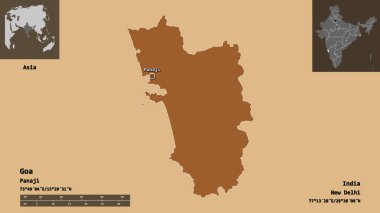 Goa 'nın şekli, Hindistan eyaleti ve başkenti. Uzaklık ölçeği, ön gösterimler ve etiketler. Desenli dokuların bileşimi. 3B görüntüleme