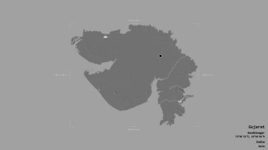 Gujarat bölgesi, Hindistan eyaleti, katı bir arka planda izole edilmiş bir sınır kutusunda. Etiketler. Çift seviyeli yükseklik haritası. 3B görüntüleme