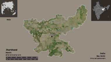 Jharkhand 'ın şekli, Hindistan eyaleti ve başkenti. Uzaklık ölçeği, ön gösterimler ve etiketler. Uydu görüntüleri. 3B görüntüleme