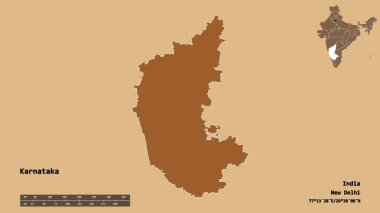 Hindistan devleti Karnataka 'nın başkenti sağlam bir zemin üzerinde izole edilmiştir. Uzaklık ölçeği, bölge önizlemesi ve etiketleri. Desenli dokuların bileşimi. 3B görüntüleme
