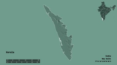 Kerala 'nın şekli, Hindistan eyaleti, sermayesi sağlam arka planda izole edilmiş. Uzaklık ölçeği, bölge önizlemesi ve etiketleri. Renkli yükseklik haritası. 3B görüntüleme