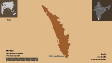 Kerala 'nın şekli, Hindistan eyaleti ve başkenti. Uzaklık ölçeği, ön gösterimler ve etiketler. Desenli dokuların bileşimi. 3B görüntüleme