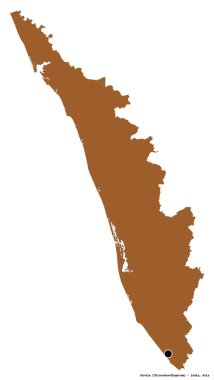 Kerala 'nın şekli, Hindistan eyaleti, başkenti beyaz arka planda izole edilmiş. Desenli dokuların bileşimi. 3B görüntüleme