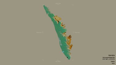 Kerala bölgesi, Hindistan eyaleti, katı bir arka planda izole edilmiş bir sınır kutusunda. Etiketler. Topografik yardım haritası. 3B görüntüleme