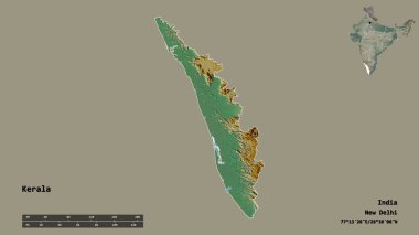 Kerala 'nın şekli, Hindistan eyaleti, sermayesi sağlam arka planda izole edilmiş. Uzaklık ölçeği, bölge önizlemesi ve etiketleri. Topografik yardım haritası. 3B görüntüleme