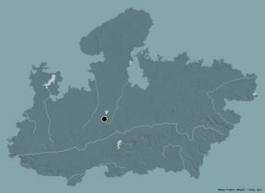 Madhya Pradesh 'in şekli, Hindistan eyaleti, başkenti katı renk arkaplanı ile izole edilmiş. Renkli yükseklik haritası. 3B görüntüleme