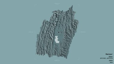 Manipur bölgesi, Hindistan eyaleti, jeoreferatlı bir sınır kutusunda katı bir arka planda izole edilmiş. Etiketler. Renkli yükseklik haritası. 3B görüntüleme
