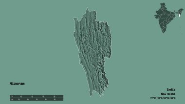 Hindistan 'ın Mizoram eyaleti, başkenti katı bir zemin üzerinde izole edilmiştir. Uzaklık ölçeği, bölge önizlemesi ve etiketleri. Renkli yükseklik haritası. 3B görüntüleme
