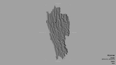 Mizoram bölgesi, Hindistan eyaleti, katı bir arka planda izole edilmiş bir sınır kutusunda. Etiketler. Çift seviyeli yükseklik haritası. 3B görüntüleme